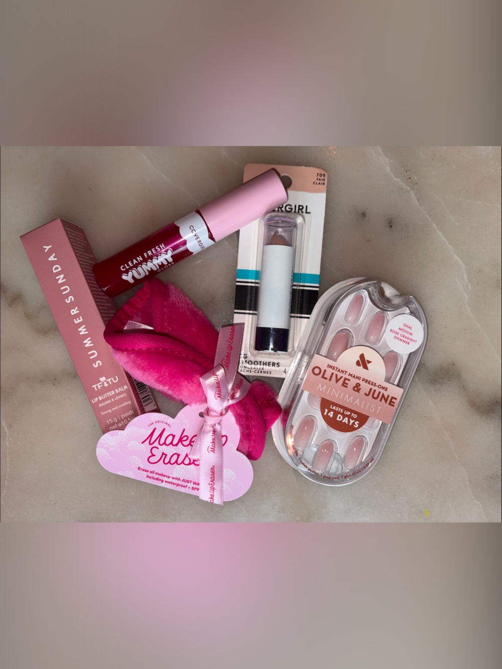 Gift Set - Assorted Lip Glosses, Concealer, Makeup Eraser, Olive & June PressOns